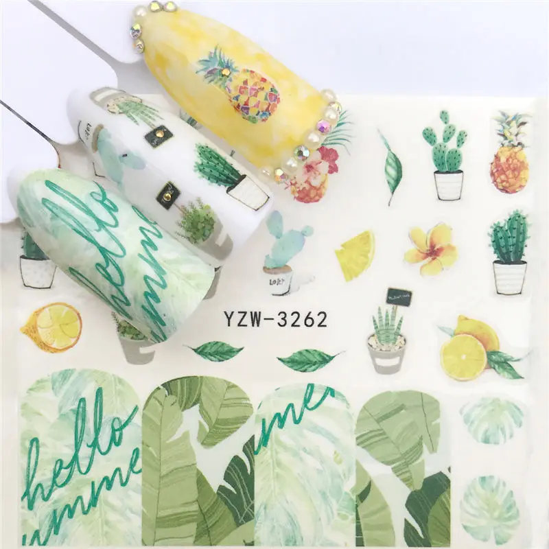 1pc Water Nail Sticker 2021 Summer Coconut Slippers Beach Cake Burger Butterfly Dream Catcher Wolf Nail Watermark Sticker