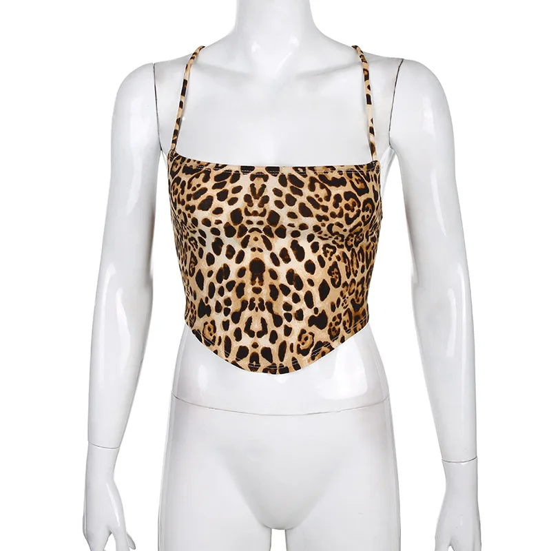 Camisetas sin mangas con estampado de leopardo para mujer, trajes de Rave Sexy sin espalda, Bralette con cordones cruzados, Top corto, ropa de calle de verano