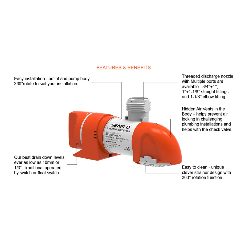 Seaflo-Pompe à eau horizontale étroite pour bateaux, pompe de cale, aspiration, induction, drainage, DC 12V, 24V