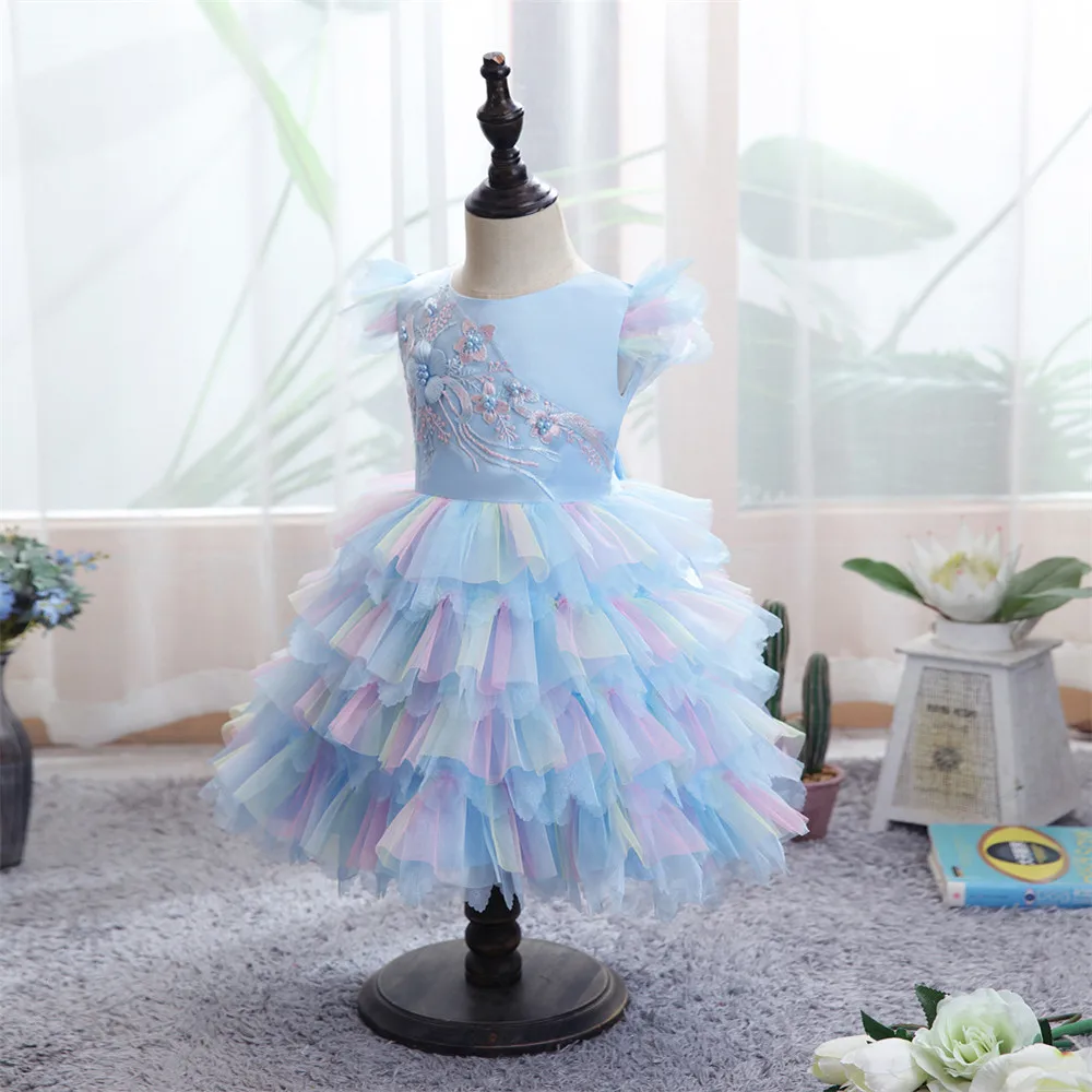 Robes de princesse d'anniversaire pour filles, en Tulle, à fleurs, arc-en-ciel, en dentelle, avec nœud papillon, robe de bal pour filles de 0 à 4 ans, bleu