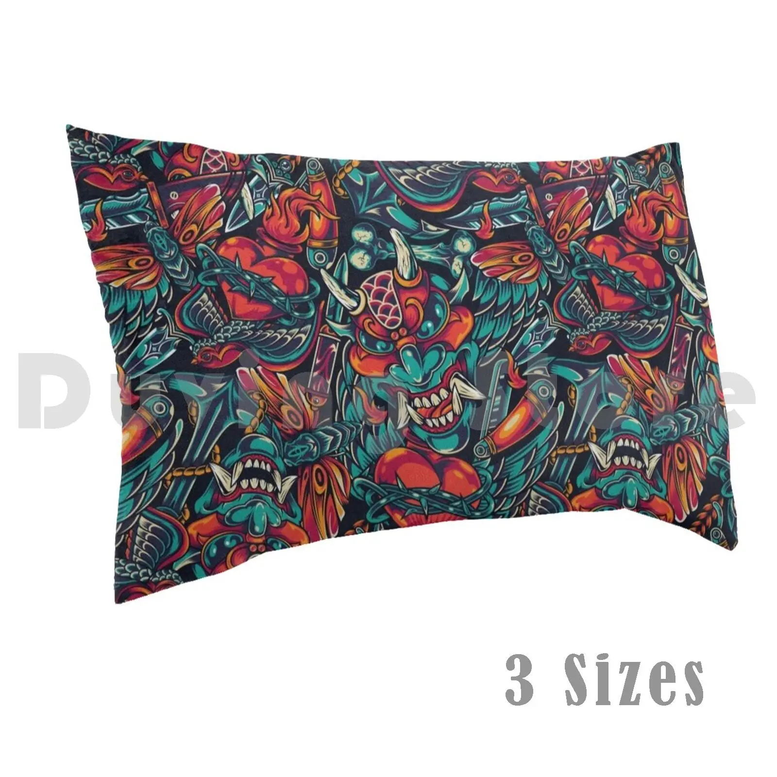 Classic Colourful Tattoo Pattern With Oni Pillow Case DIY 50*70 Traditional Attoo Japanese Demon Oni Bird