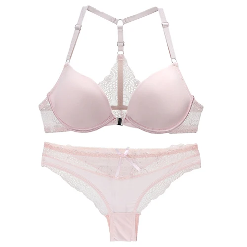 Imagen 2 del producto Conjunto de sujetadores push-up con escote en V profundo para mujer, ropa interior Sexy con lazo liso y liso, lencería decorativa con copa AB, novedad de 2022