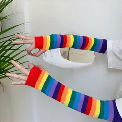 Women Girl Harajuku Elbow Length Fingerless Arm Sleeve Warmer Rainbow Colored Striped Knitted Sunscreen Costume Gloves