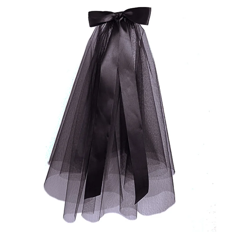 Tulle Wedding Veils Two Layers With Comb White Black Bow Ribbon Bridal Veil for Bride for Marriage Wedding Accessories