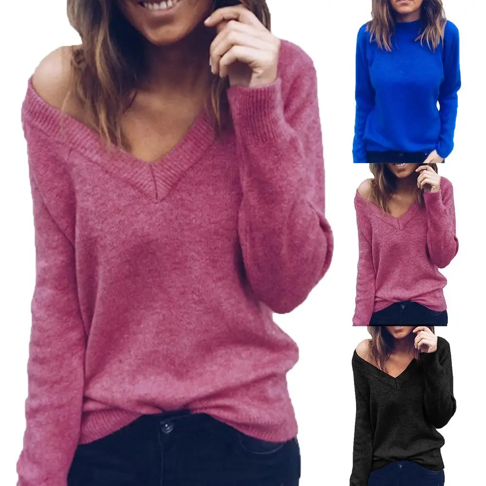 Seksowny luźny sweter z dekoltem Sweter damski Wiosna Jesień V Szyja Długi rękaw Pullover Jednolity kolor Sweter z dzianiny pull femme