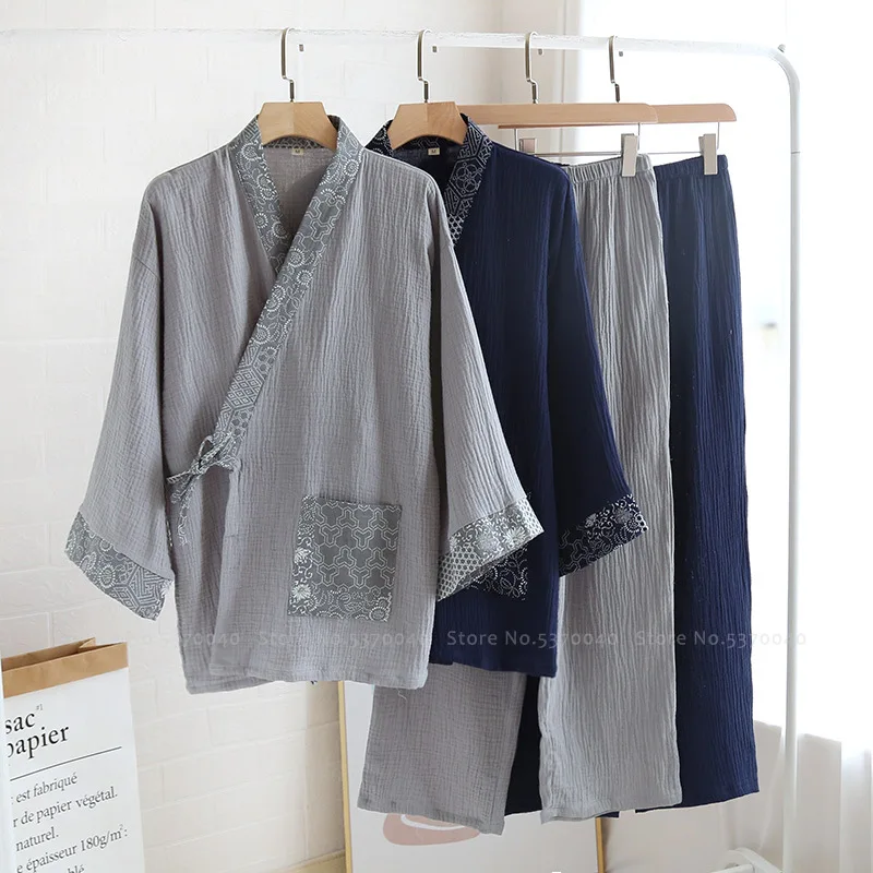 

Japanese Style Kimono Cardigan Pants Cotton Pajamas Set Men Bathrobes Yukata Tops Robes Gown Trousers Sleepwear Suit Homewear