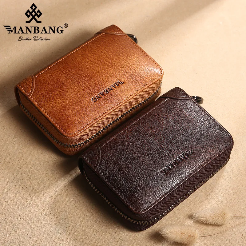 ManBang-tarjetero de aluminio y cuero genuino para hombre, cartera para tarjetas de crédito