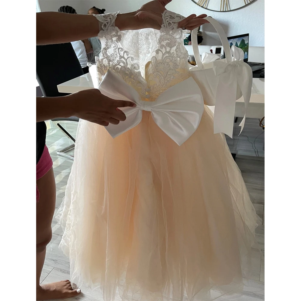 

Gardenwed Ivory Sequin Lace Applique Straps Flower Girl Dresses Backless Bow Sashes Prom Dresses Cute vestido de fiesta de boda