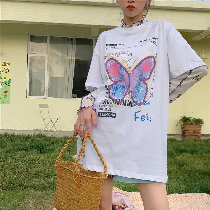 T-shirts Women Short Sleeve Summer Korean Harajuku Print Loose Leisure Oversize High Street Crimping Hip-hop Female Tops Tees