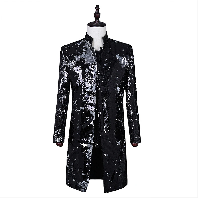 Men\'s Performance Jacket Black Sequins Suit Men\'s Suit Stand Collar Nightclub Host Costume Mid-long Coat