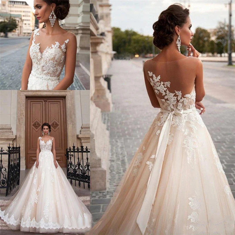 

Myyble 2023 Scoop Illusion Wedding Dresses Long Lace Applique Sweep Train Bridal Gown Dress with Detachable Beaded Sash