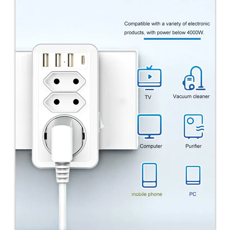 Lot de 8 prises multifonctionnelles ue 250v, 16a, 3 ca, 3 USB, 5v dc/3,4 a + Type C, pour la maison, recharge intelligente, vente en gros