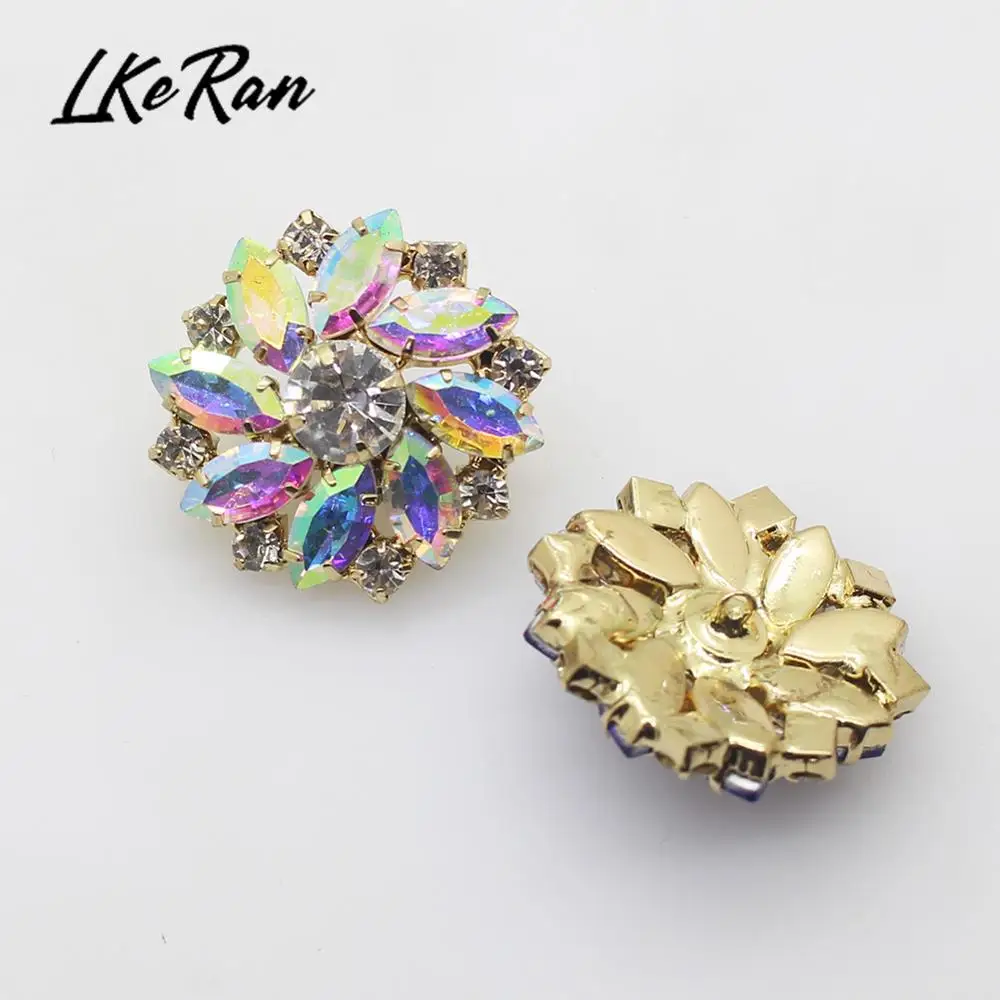 NEW 28mm 1Pcs Shiny Glass Crystal Rhinestone Button Flower Shank Button DIY Gold Metal Sewing Decorative Clothing Accessories