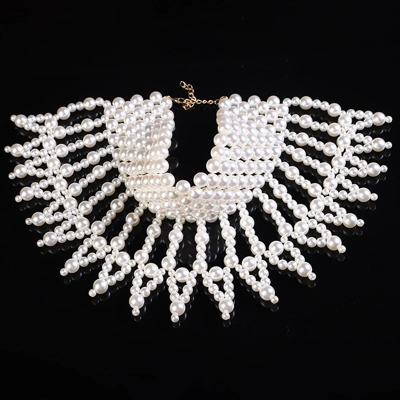 Capa de boda con perlas de lujo para novia, cuello alto para mujer, cadena para el cuello para graduación, banda para el cuello con cuentas románticas para fiesta elegante, color negro y marfil