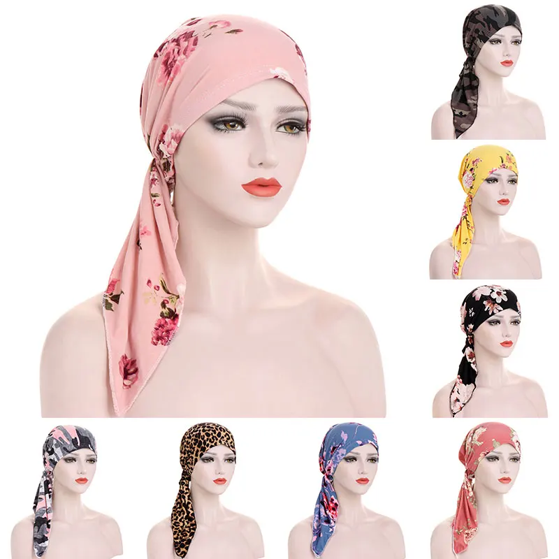 

Women's Muslim Hijab Cancer Chemo Caps Flower Print Turban Cap Hair Loss Headscarf Elastic Cotton muslim Hijab Scarf Headwear