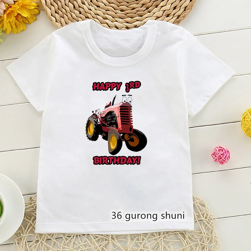 

2024 Kawaii Tractor Cartoon Graphic Print T Shirts Happy Birthday Gift Girls Boys T-Shirts Kids Clothes Harajuku Casual Tops