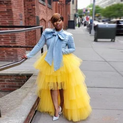 Fashion Yellow High Low Tulle Skirts Chic Ruffle Puffy Tulle Zipper Waist Maxi Skirt Elegant Tiered Tulle Women Long Skirts Summ