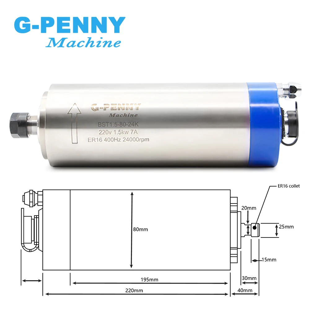 G-PENNY Machine 1.5KW ER16 D80 220V Water Cooled Spindle Motor 4 Bearings Wood Working Machine &  Diameter 80mm Spindle Bracket