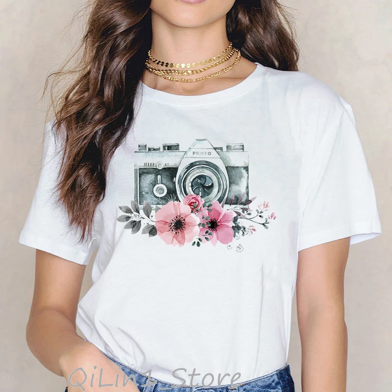 Vintage T Shirt Women Watercolor Camera And Pink Flowers Print Female T-Shirt Summer Tops Tee Shirt Femme White Tshirt