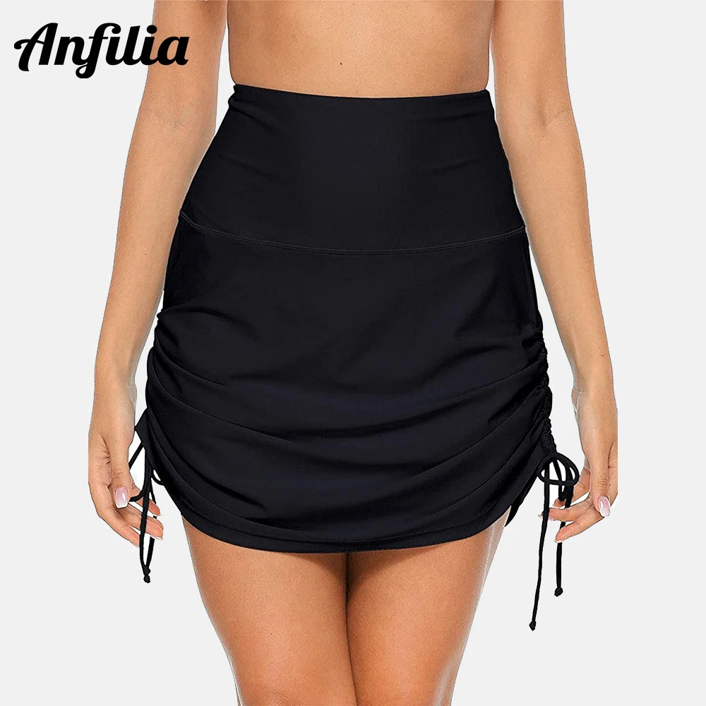 Anfilia Women's Swim Skirts Built in Briefs High Waisted Bikini Shorts Drawstring Ruched Tummy Control Swimsuit Bottoms