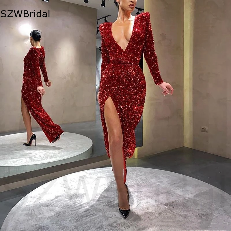 

New Arrival V Neck Long sleeve Evening dresses 2024 Sequine Lace Evening gowns Dubai Sexy Slit Prom Party dress Plus size