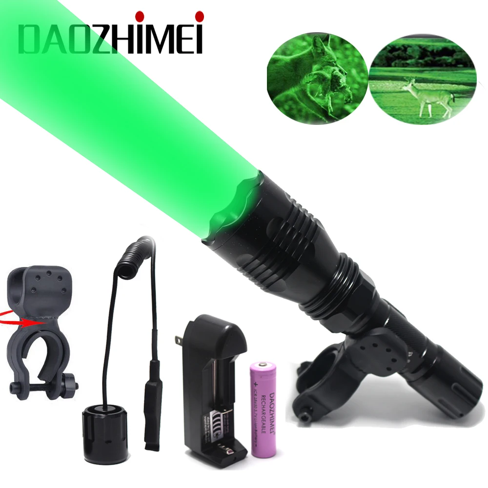 Linterna LED de caza, luz verde/roja, 200 metros de distancia de iluminación, interruptor de presión de linterna táctica/clip 360/cargador/batería