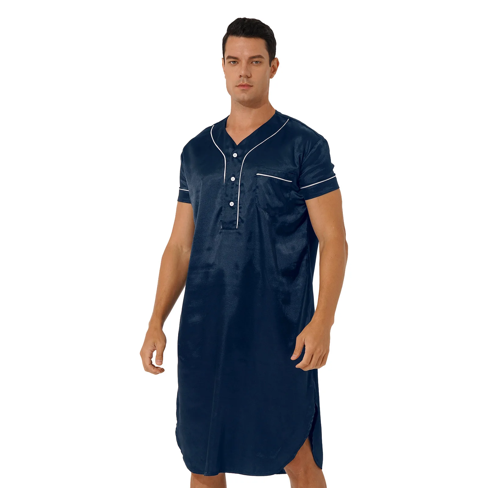 Sleepwear Mens Nightshirt Short Sleeve Pajamas Comfy Silk Satin Henley Sleep Shirt Pyjama Sleep Tops Nightwear