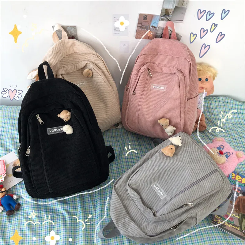 Stripe Cute Corduroy Woman Backpack Schoolbag For Teenage Girls Boys Luxury Harajuku Female Fashion Bag Student Lady Book Pack