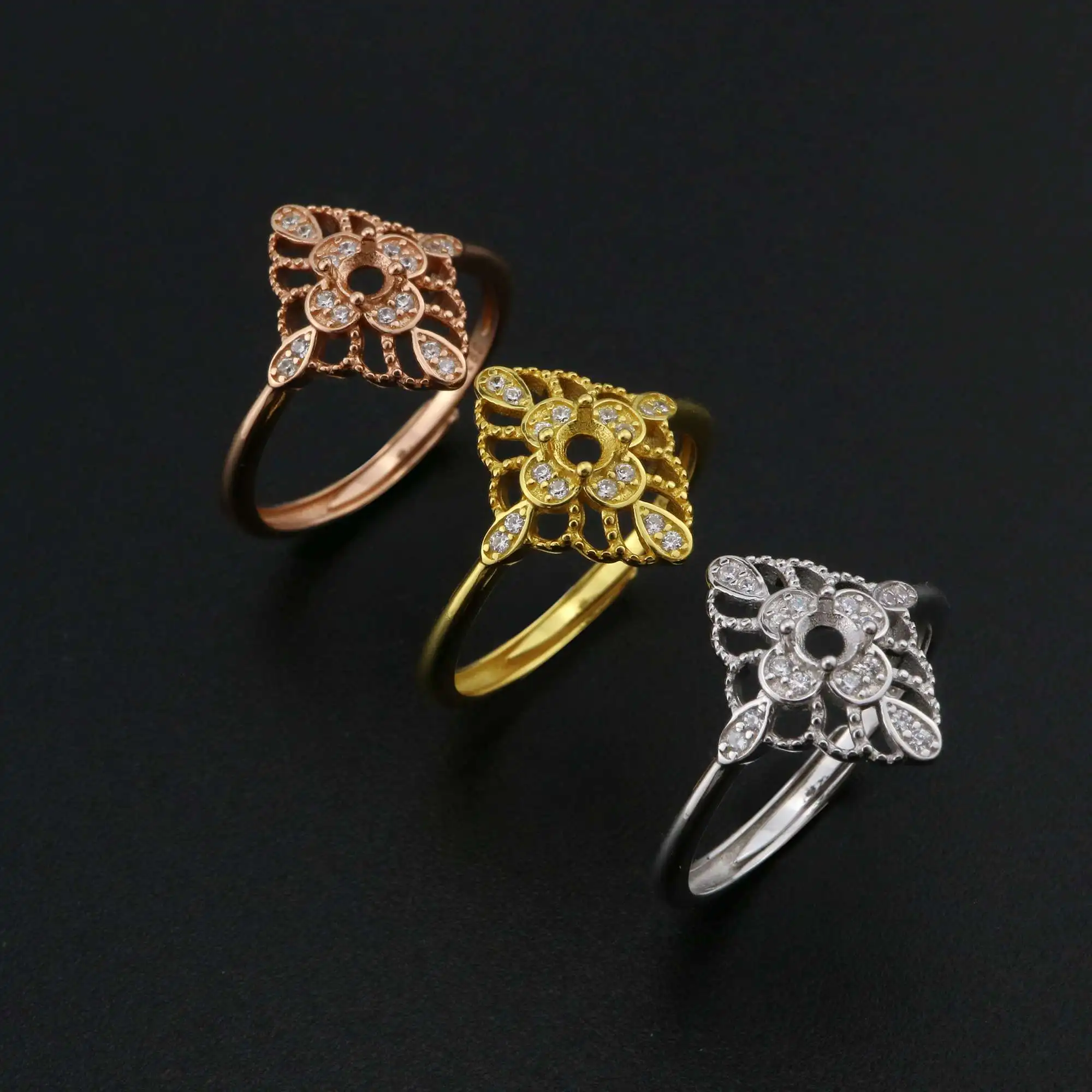 3MM Round Prong Ring Settings  Vintage Style Solid 925 Sterling Silver Rose Gold Plated DIY Set Size Adjustable Ring 1210098 image 3