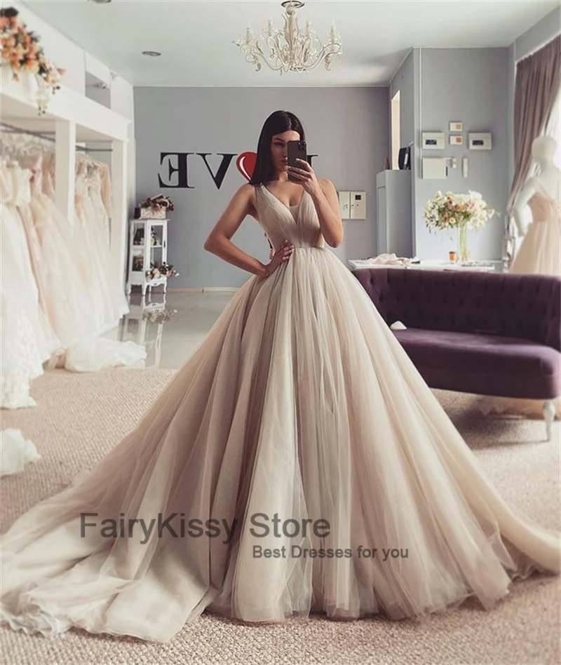 FairyKissy V Neck Tulle Wedding Dresses Long Sleeveless Lace-up Simple Beach Wedding Party Gowns A Line Bridal Dress Charming