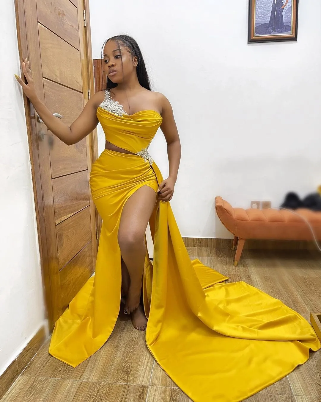 

BridalAffair Yellow Sexy Elegant Mermaid Prom Dresses Aso Ebi One Shoulder Sequins High Split Long Evening Gowns Women Plus Size