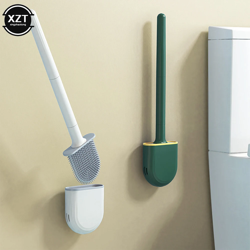 Soft Breathable Toilet Brush Water Leak Proof with Base Silicone Wc Flat Head Flexible Bristles Brush with Quick Drying Holder