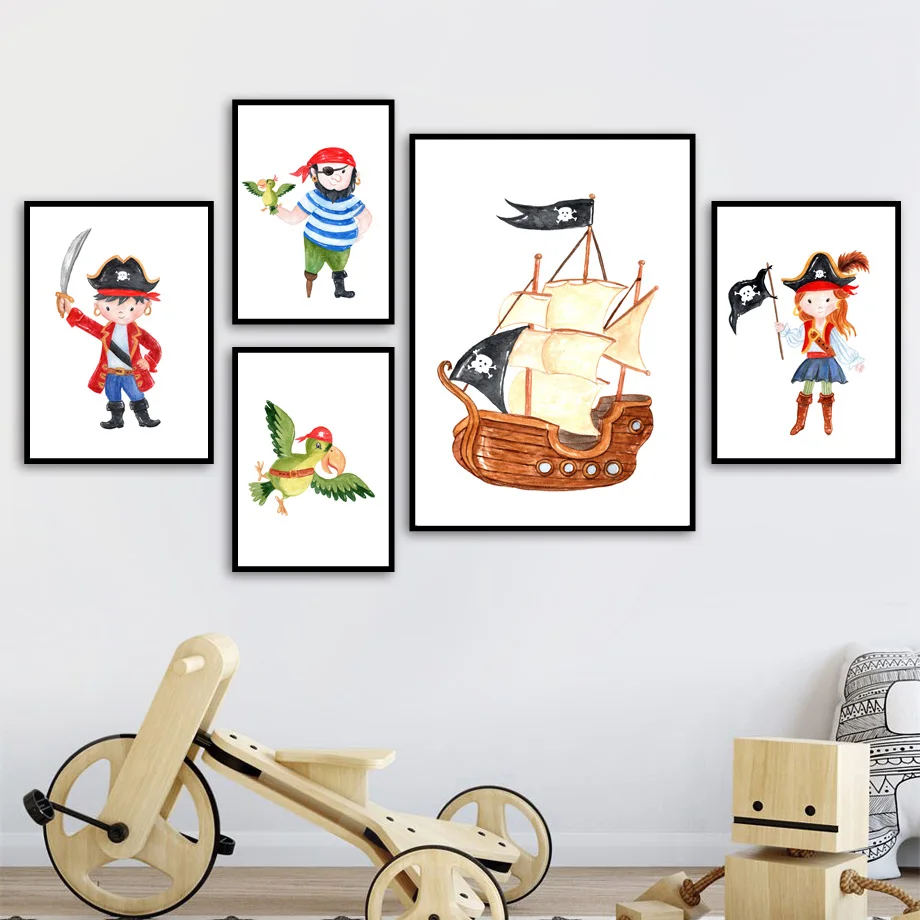 Canvas picture family decoration painting pirate treasure ship nordic cartoon style mural color painting poster children's room