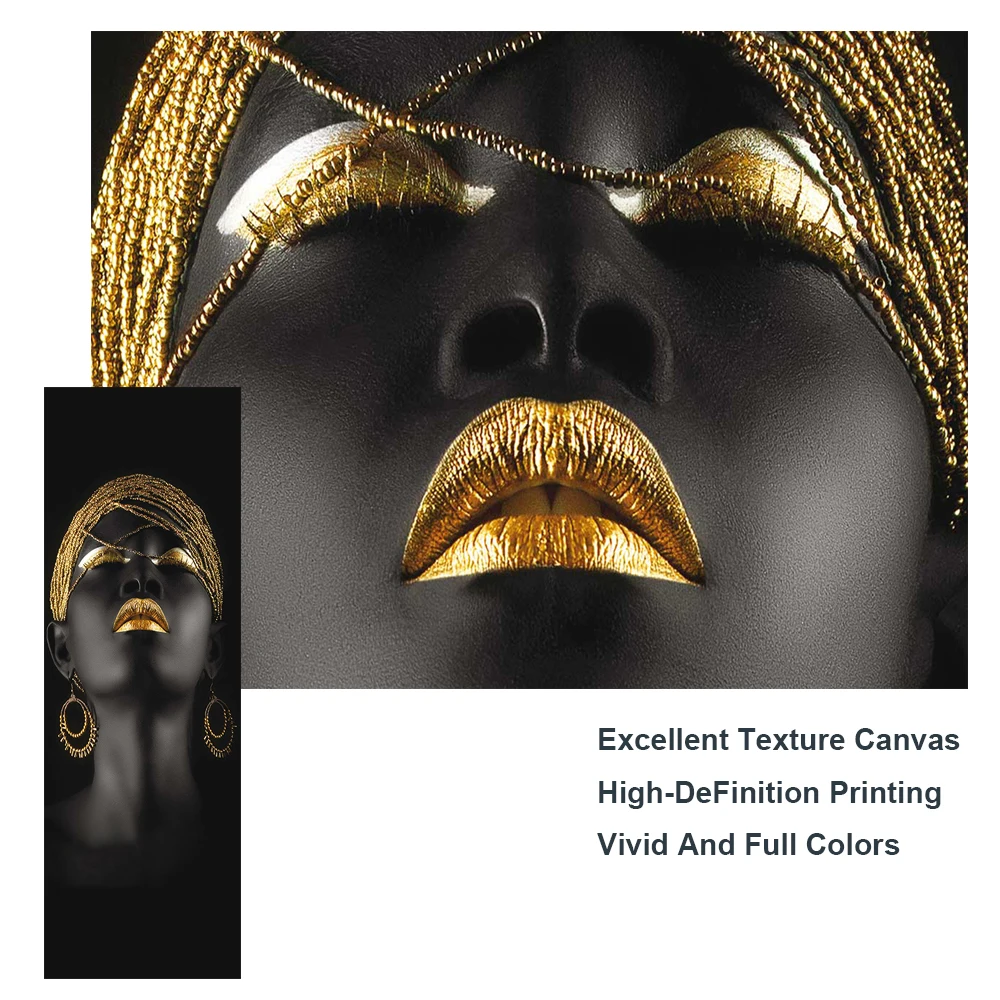 امرأة سوداء كبيرة مع مجوهرات ذهبية على الأيدي لوحات قماشية على الحائط ملصقات فنية ومطبوعات صورة فنية للمرأة الأفريقية