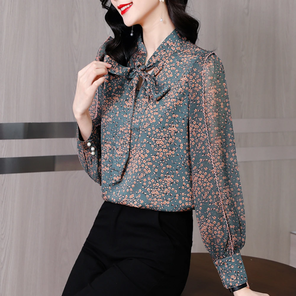 Fashion Printed Women Chiffon Blouses 2024 Casual Bow-Tie Collar Women Clothing Long Sleeve Loose Shirt Women Tops Chemise Femme