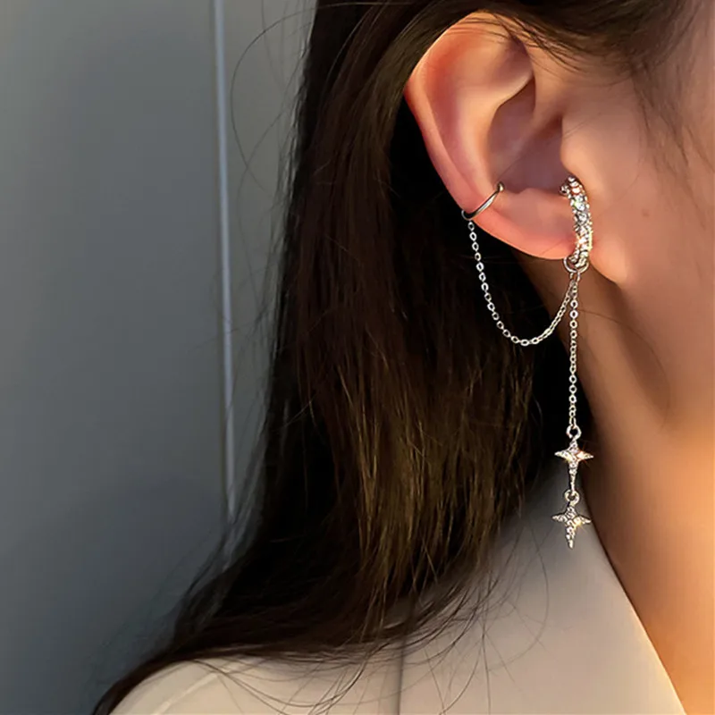 1Pc 2025 Fashion Minilist No Piercing Ear Cuff Earrings for Woman Fake Piercing Tassel Star Ear Clips Earrings for Women Jewelry