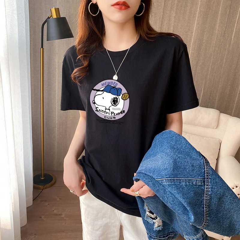 Plus Size Women's White Cotton T-Shirt Casual Round Collar Summer Female Short Sleeve Cool Cartoon Print Tee Shirt Top Black 4XL