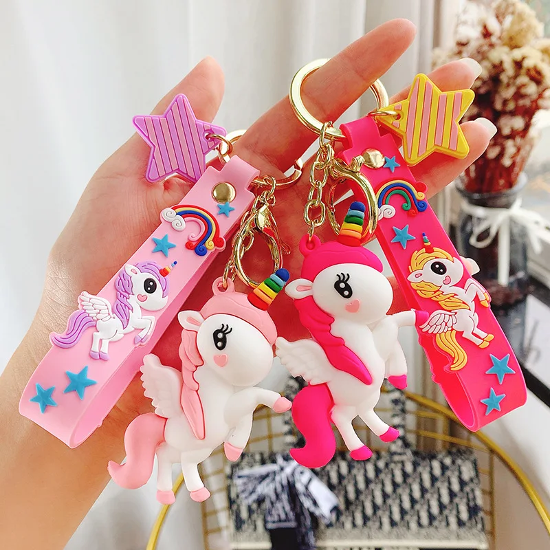 Cartoon Rainbow Horse Keychain Women Cute Unicorn Car Bag Key Chain Resin Charm Kids Bag Pendant Keyring Gifts