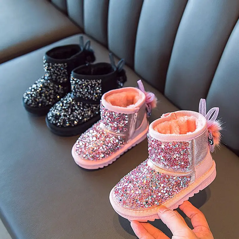 Moda novo inverno crianças sapatos princesa glitter meninas orelha de coelho anti deslizamento pé mais quente botas de tornozelo neve 1-12 anos de idade