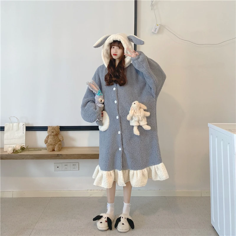 

KIMOKOKM Sweety Girly Nightgown Kawaii Rabbit Ear Bow Hooded Coral Fleece Thicken Keep Warm Full Sleeve Ruffles Pajamas Dresses