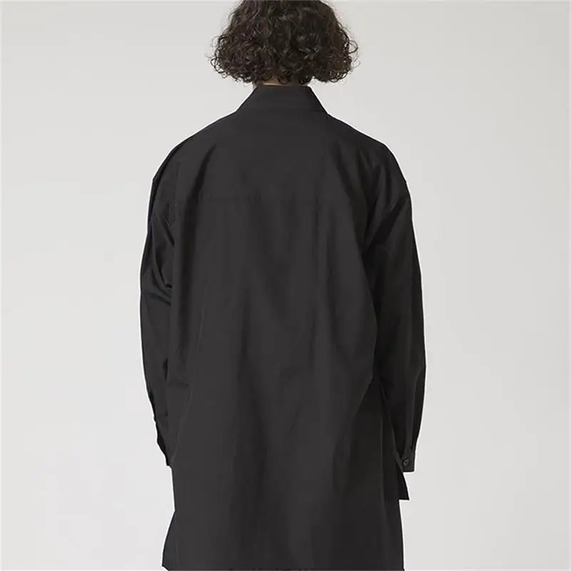

Men's Long Sleeve Shirt Spring And Autumn New Square Collar Single Breasted Dark Front Short Back Long Loose Large Size Shirt