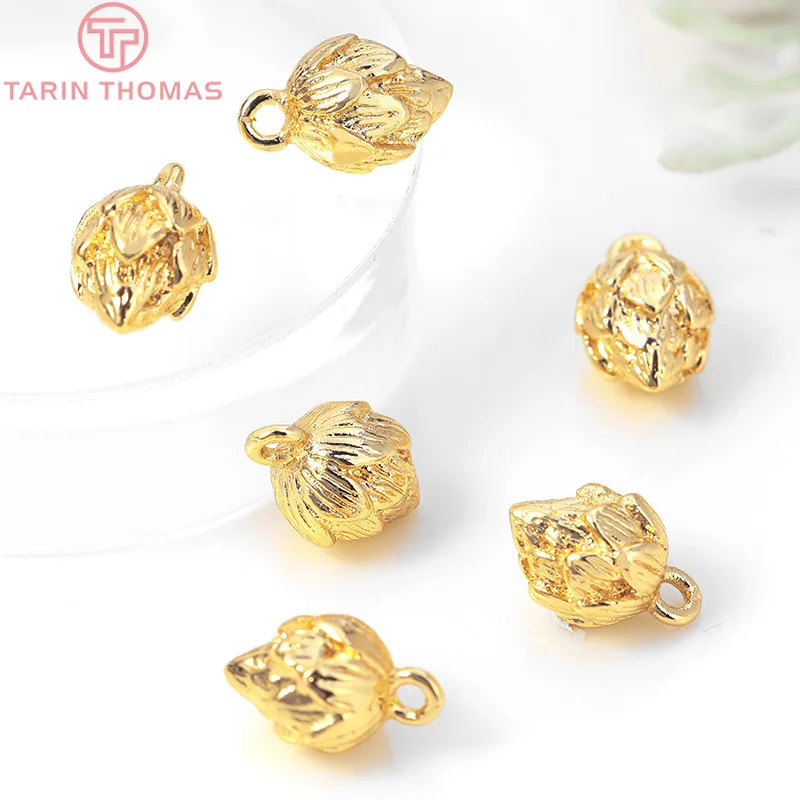 (997)6PCS 7x11MM Hole 1MM 24K Gold Color Plated Brass Lotus Bud Charms High Quality Diy Jewelry Accessories