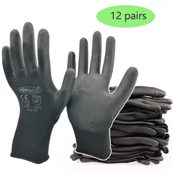 24 Pcs/12 Pairs Black PU Nitrile Industrial Protective Safety Work Glove With Nylon Cotton Knitted Coated Palm Gloves