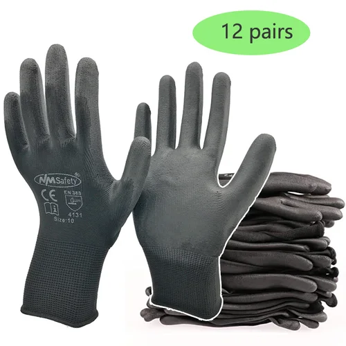 24 uds/12 pares de guantes de trabajo de seguridad de protección Industrial de nitrilo PU negro con guantes de palma recubiertos de punto de algodón de nailon