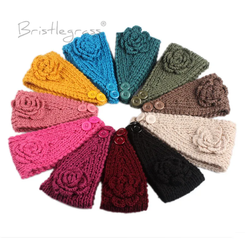 

BRISTLEGRASS Women's Winter Solid Flower Crochet Knitting Knitted Headband with Button Headwrap Ear Warmer Turban Hair Band