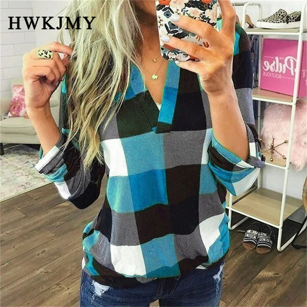 Women Plaid Printed Shirts Long Sleeve V-Neck Ladies Tops Turn Down Collar All-Match Fashion Tunic Shirts Clothes 5XL