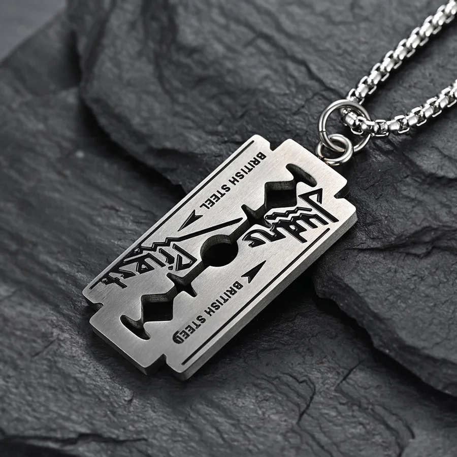 Stainless Steel Razor Blade Necklace Men Judas Priest Hip Hop Jewelry Enamel Heavy Metal Pendant Women Cool Gift High Quality