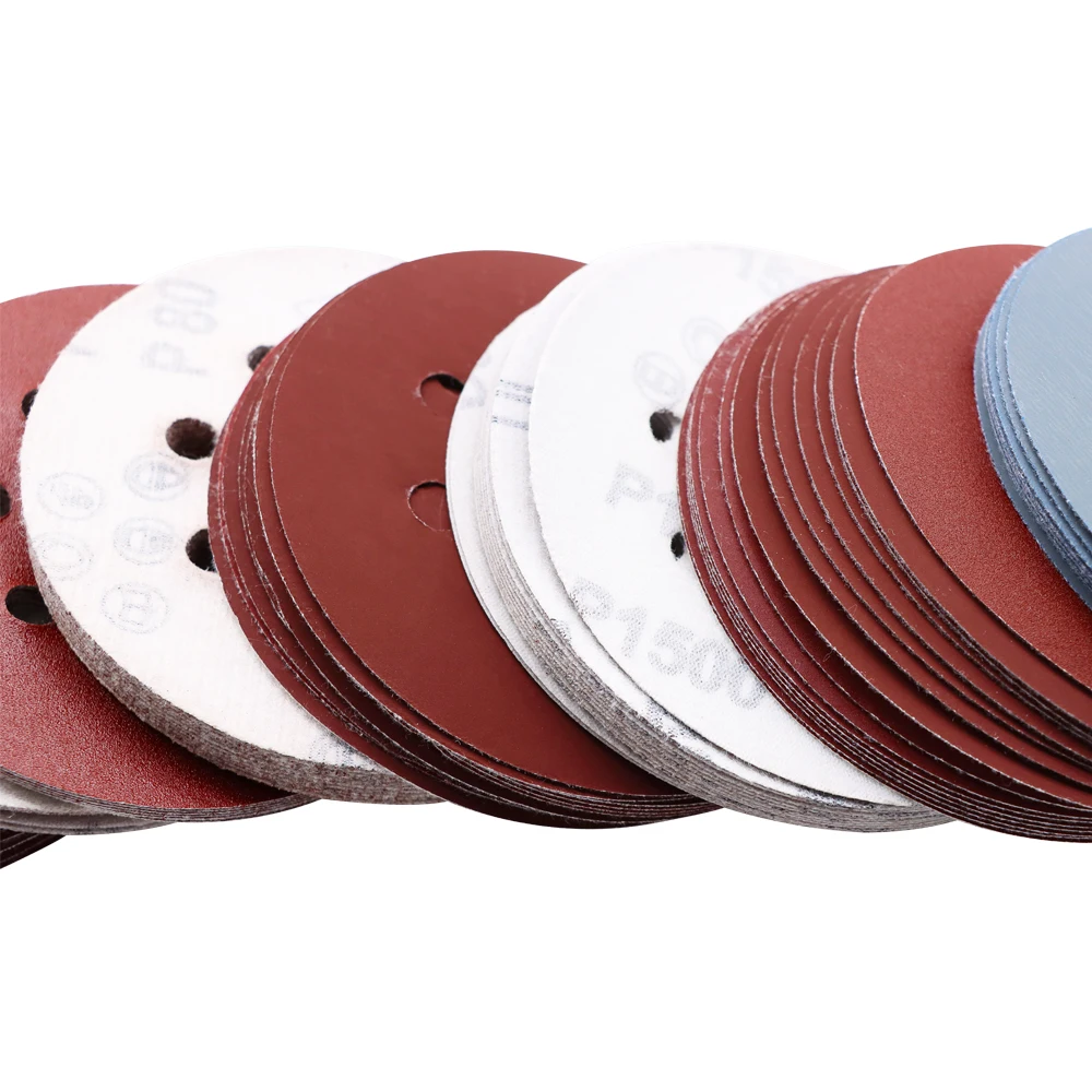 100pcs 5 นิ้ว 125 มม.กระดาษทราย 8 หลุมดิสก์แผ่นทรายกรวด 80-3000 Hook และ LOOP Sanding Disc Abrasives สําหรับภาษาโปลิชคํา