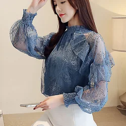 Elegant Blouses Lace Gauze Ruffles Shirt Office Lady Commute Pullovers Hook Flower Hollow All-match Loose Vintage Women Clothing