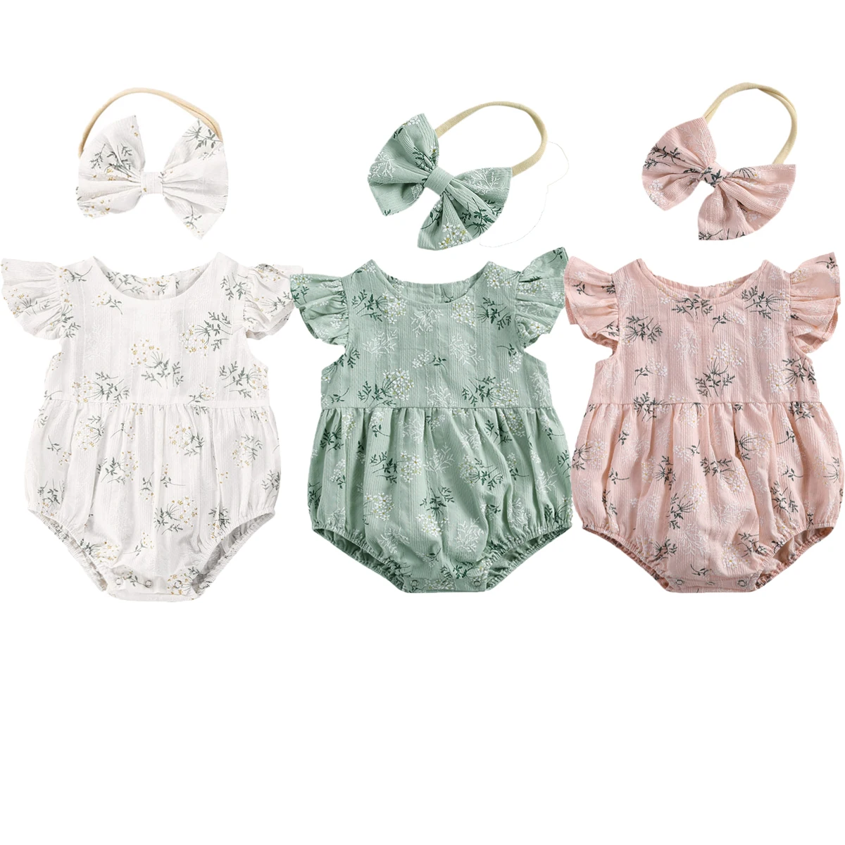 Newborn Infant Baby Girls Romper Cotton Fly Sleeve Floral printed Jumpsuit With Headband Toddler Soft Clothes Outfits